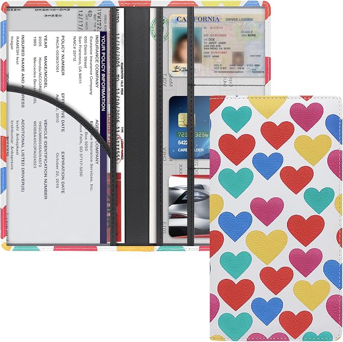 LumiMokki Premium Car Registration & Insurance Card Holder with Magnetic Shut, Vehicle Glove Box Car Organizer - For Documents, Cards, License (Heart symbol)