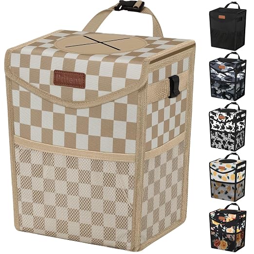 Pritent Car Trash Can with Lid, Cute Leakproof Car Trash Garbage Bag Hanging Vehicle Trash Bin Small Portable Automotive Garbage Cans Organizer for Back/Front Seat(Trapezoid,Khaki Checkered)