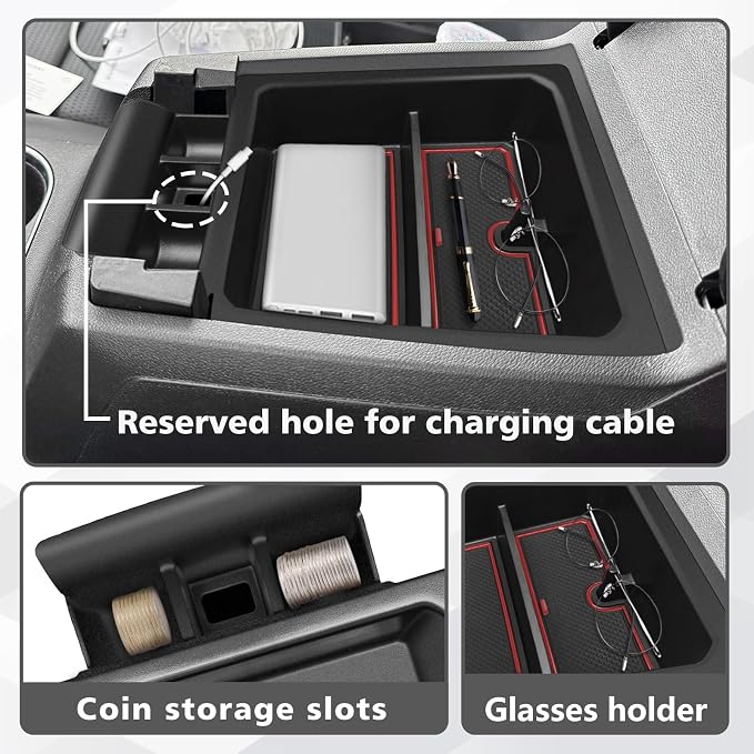 Muslogy Center Console Organizer Compatible with 2023-2025 2026 Chevy Colorado/GMC Canyon Accessories, Interior Storage Box Coin Container Armrest Secondary Tray Non-Slip Mat Fit with OEM Tray (Red)