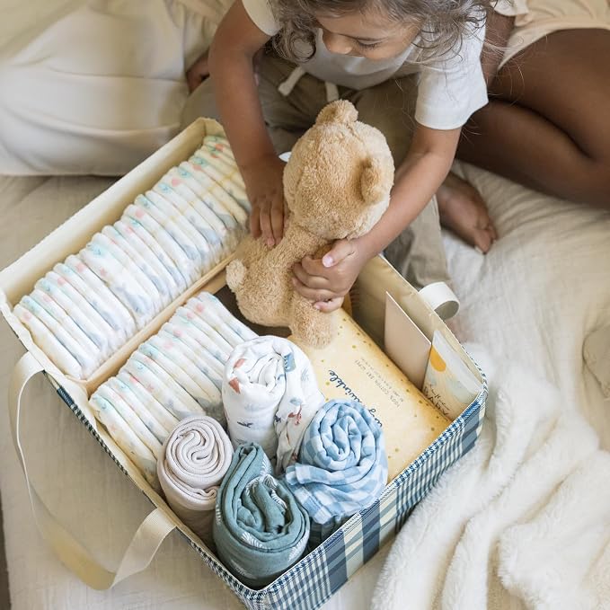 Tiny Twinkle Diaper Caddy Organizer, Gingham | Foldable Baby Storage Basket, Removable Divider, Waterproof & Mess-Proof Fabric, Portable Nursery Organizer