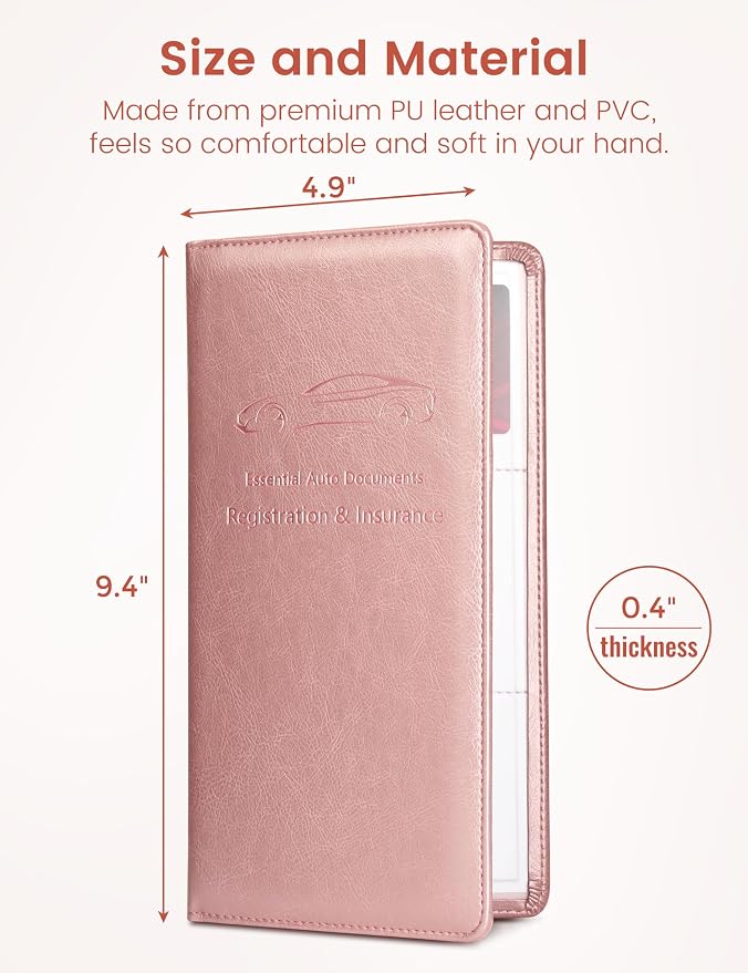 Yarnic Car Registration and Insurance Holder, Car Document Holder with Magnetic Closure, Car Wallet for Driver License, Cards and other Essential Documents (Rose Gold)