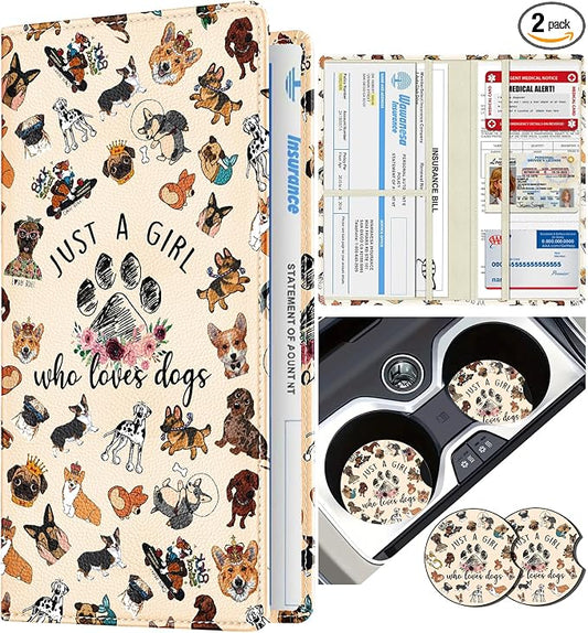 Slohif Car Registration and Insurance Card Holder - Dogs Vehicle Glove Box Organizer Women with Magnetic Shut Leather Automobile License Holders Coasters Auto Accessories Case for Document