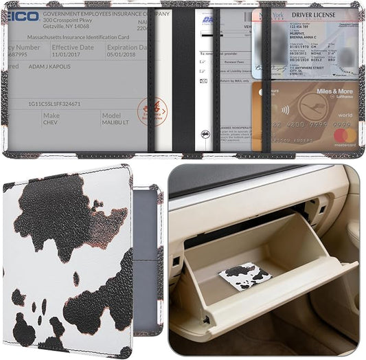 Car Registration and Insurance Holder, Premium Pu Leather Vehicle Glove Box Organizer - for Driver License, Cards & Essential Documents (S-Cow)