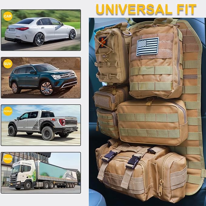 Universal Tactical Car Seat Back Organizer Bag Tactical Molle Vehicle Organizers Panel Vehicle Protector Organizers with 5 Detachable Pouches for Car Truck Ford Jeep (Model A-Khaki)