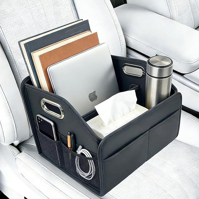 Car Storage Organizer, Foldable with Removable Dividers, PU Leather Seat Organizer with Metal Handle, Non-Slip Stable Design, Passenger Front Seat Storage for Back Seat & Floor, 12.6 Inches