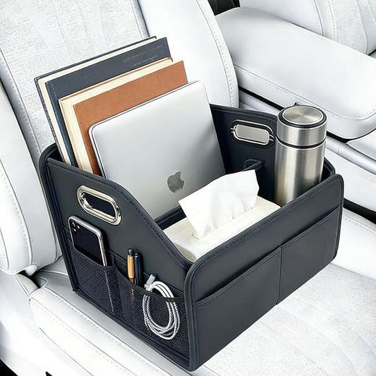 Car Storage Organizer, Foldable with Removable Dividers, PU Leather Seat Organizer with Metal Handle, Non-Slip Stable Design, Passenger Front Seat Storage for Back Seat & Floor, 12.6 Inches