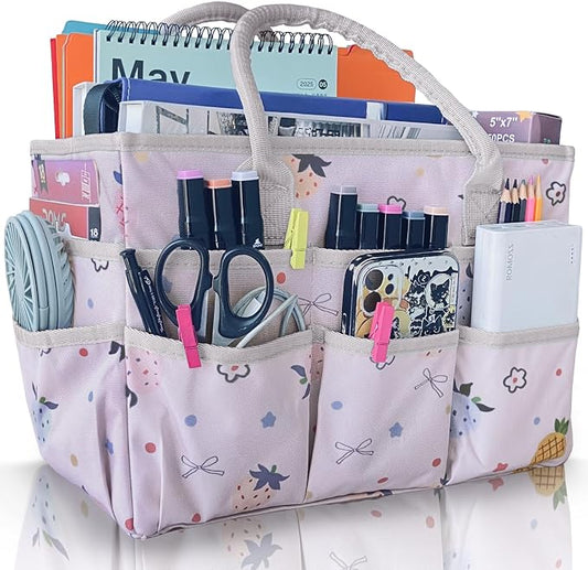 Cupohus Art Organizer Craft Storage Tote Bag with Pockets and Handles, Oxford Fabric Carrying Caddy for Teacher, Officer, Artist, Traveler, and More-Pink Fruit