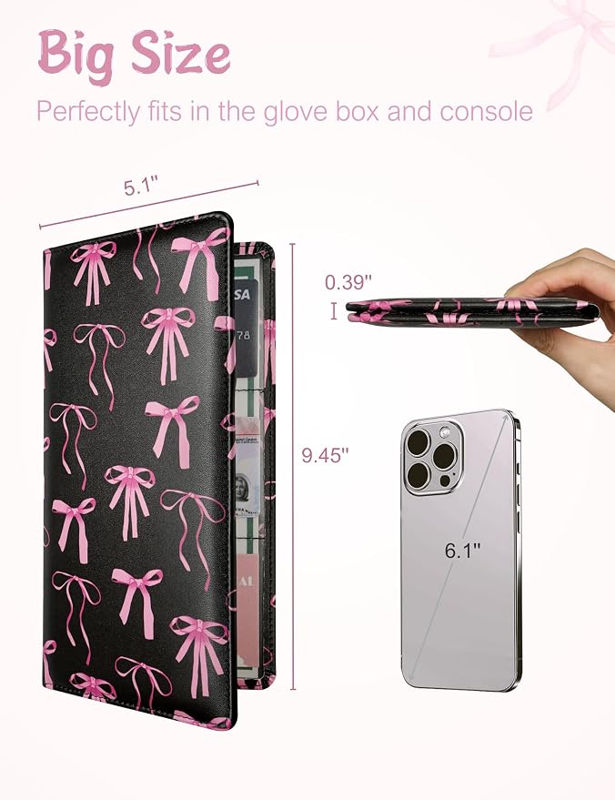 Mymazn Car Registration and Insurance Holder, PU Leather Glove Box Car Organizer with Magnetic Closure, Car Document Holder for Driver's License & Essential Documents (Pink Bow)