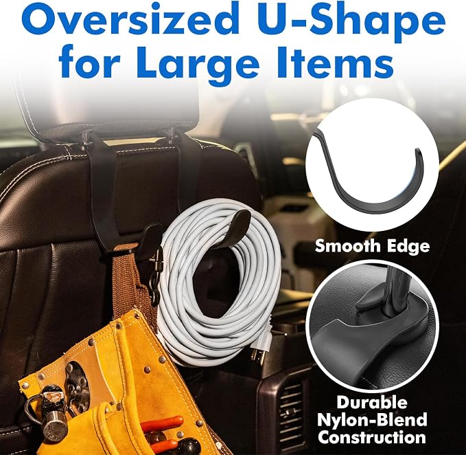 Travel Depot XL Hard Hat Holder for Truck Seat – Heavy-Duty Headrest Hooks, Hardhat Buddy Hanger & Seat Back Organizer for Hard Hats, Bags & Gear, Truck Accessory Organizer, 4-Pack