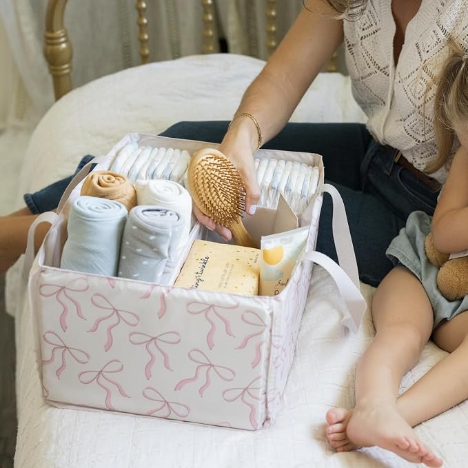 Tiny Twinkle Diaper Caddy Organizer – Foldable Baby Storage Basket with Removable Divider | Waterproof & Mess-Proof Fabric, Portable Nursery Organizer for Newborn Essentials(Bows)