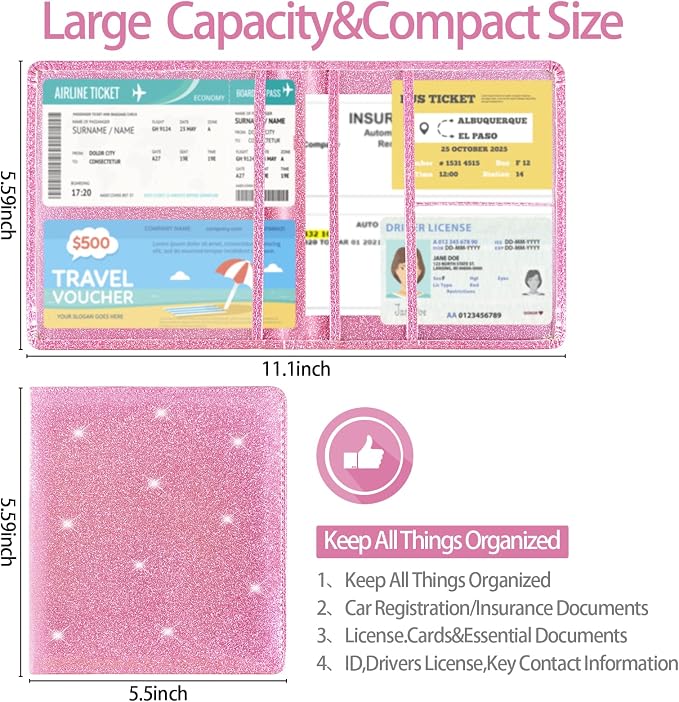 Car Registration and Insurance Holder, 5.5 x 5 Inch PU Leather Vehicle Glove Box Organizer Wallet Case Organizer for Insurance Card, Driver License, Essential Document, Paperwork Glitter Hot Pink
