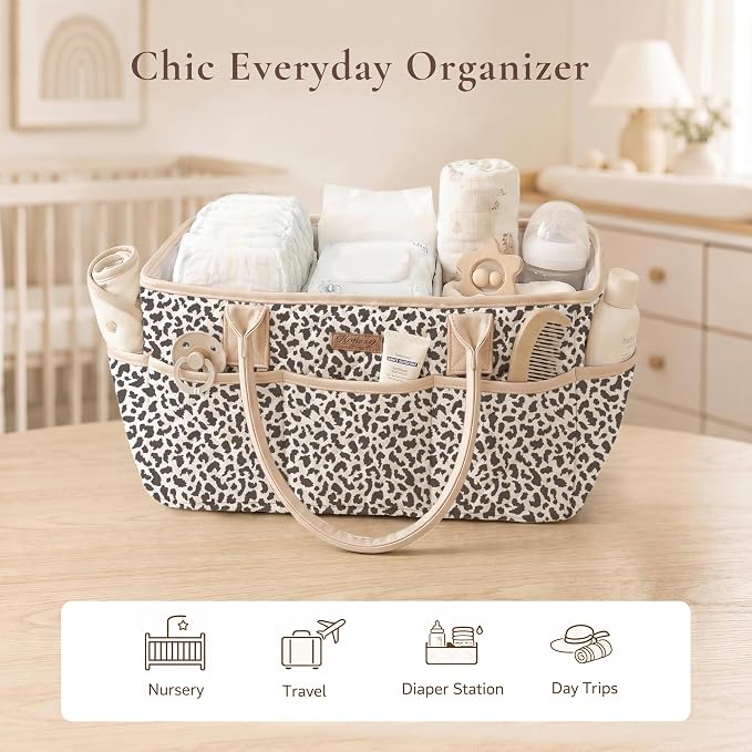 Konssy Quilted Diaper Caddy Organizer, Diaper Caddy Basket with PU Leather Handles, Water-Repellent Nursery Storage Basket, Portable Car Organizer, Registry Search Must Haves (Little Leopard)