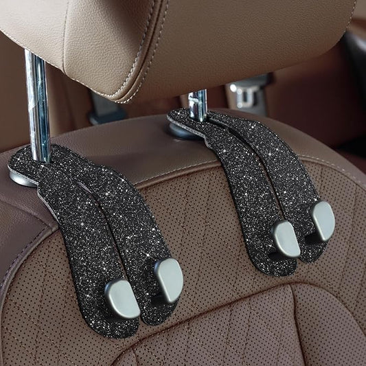 CoBak Purse Hook for Car - Universal Premium Stitched Leather and Aluminum-Magnesium Alloy Double Car Seat Back Storage Hook for Purses, Handbags, Bags (2 Pack),Glitter Black