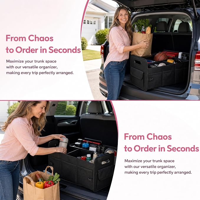 Car Trunk Organizer for SUV, Foldable Waterproof Basket with Front & Side Pockets, Large Capacity Durable Oxford Cloth Storage for Car Organization