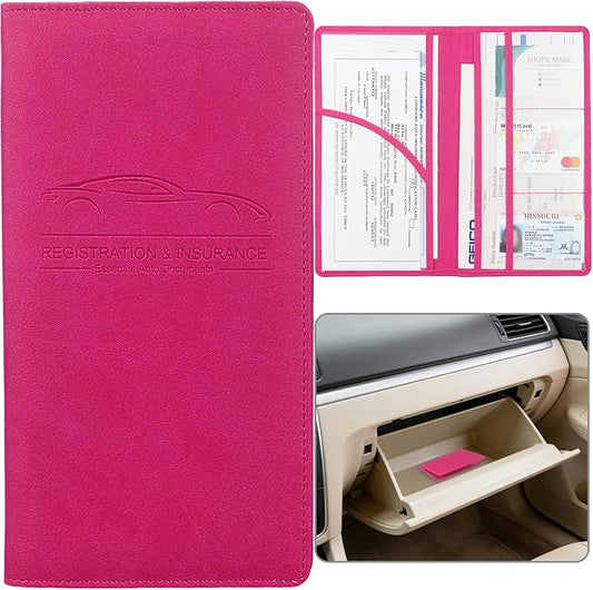 Car Registration and Insurance Holder, Premium Pu Leather Vehicle Glove Box Organizer - for Driver License, Cards & Essential Documents (L-Rose Red)