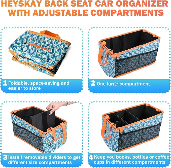 HEYSKAY Car Seat Organizer with Cup Holders, Automotive Seat Back Organizer and Storage with Adjustable Dividers, Book & Toy Organizer for Car and Office