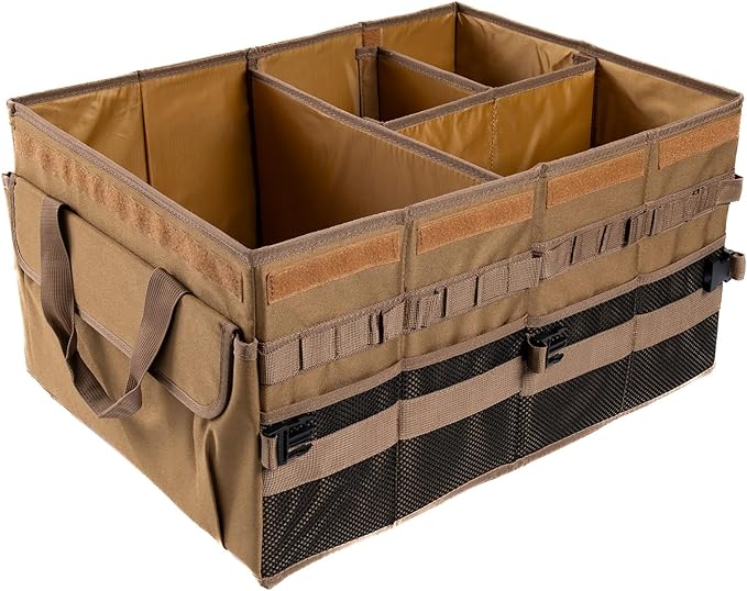 Large 70L SUV Trunk Organizer, Trunk Organizer With Lid, Foldable Cargo Storage Box, Brown, 4-Compartments With Handle,Universal for Car Sedan Truck Camping Grocery Shopping Travel