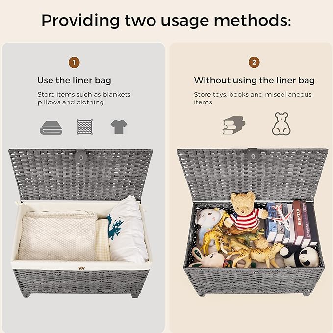 Honjourai Wicker Storage Basket with Lid,Rattan Shelf Basket with Removable Liner Bag,160L Storage Bin,Storage Trunk with Heightened Feet,Storage Container for Wardrobe,Home Organizer
