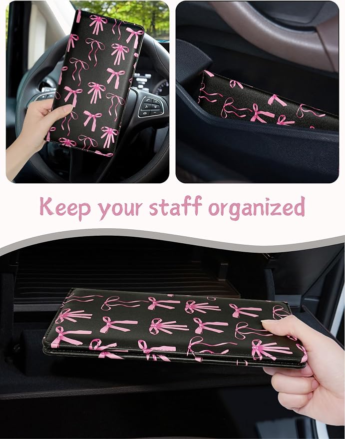 Mymazn Car Registration and Insurance Holder, PU Leather Glove Box Car Organizer with Magnetic Closure, Car Document Holder for Driver's License & Essential Documents (Pink Bow)