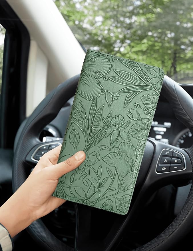 Mymazn Car Registration and Insurance Holder, PU Leather Glove Box Car Organizer with Magnetic Closure, Car Document Holder for Driver's License & Essential Documents (Floral Green)