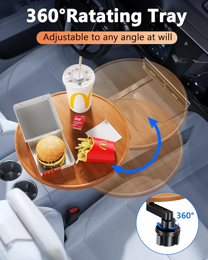 Wood Car Cup Holder Tray Table for iPad Laptop Food, 360 Swivel Car Desk for Working & Eating, Easy Mounting Car Road Trip Essentials for Tesla Model 3 Y Sedan SUV Pickup Semi Truck RV