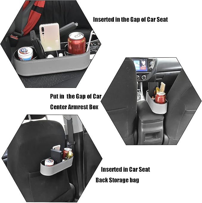 iokone Coin Side Pocket Console Side Pocket Leather Cover Car Cup Holder Auto Front Seat Organizer Cell Mobile Phone Holder (Slim-Gray)