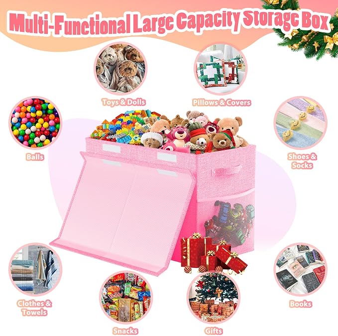 Large Toy Storage Box with Lid Divider, Sturdy Collapsible Toys Organizer Chest Kids Storage Bins Boxes Baskets for Boys, Girls, Nursery, Bedroom, Living Room, Playroom, 25"x13"x16", Pink