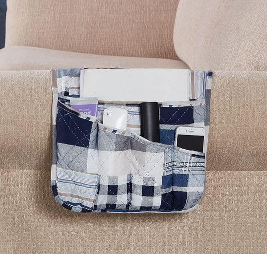 Brilliant Sunshine Blue Plaids and Stripes Patchwork Couch Armrest Organizer, Non Slip Armchair Caddy for Sofa Recliner, Washable Remote Control Holder, Storage for Magazine, Phone, iPad (35"×13")