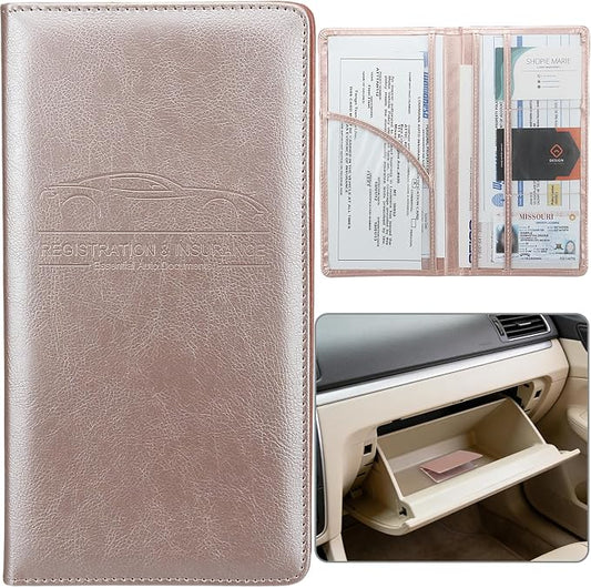 Car Registration and Insurance Holder, Premium Pu Leather Vehicle Glove Box Organizer - for Driver License, Cards & Essential Documents (L-Rose Gold)