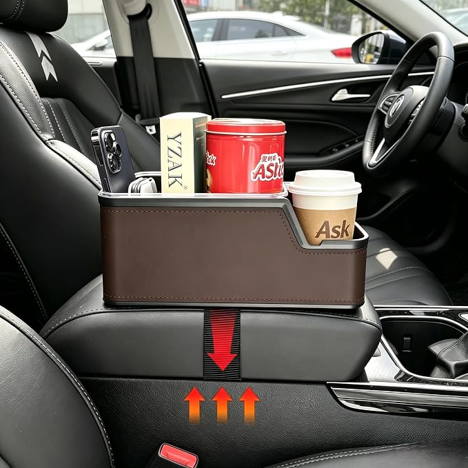 Car Seat Organizer with Phone Holder,Armrest Cup Holder Tray Truck Organizer & Storage Front Seat Organizer Small Car Caddy fit for Car SUVs Pickup Truck Van(Brown)