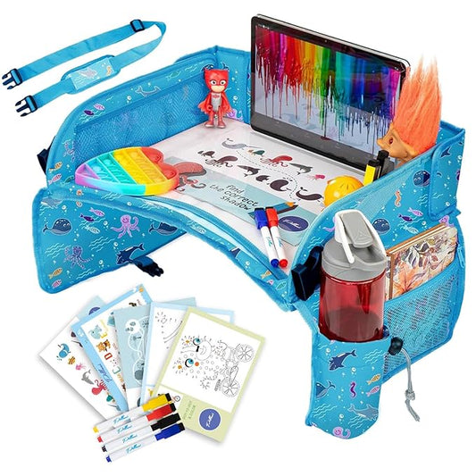 PILLANI Kids Travel Tray for Car - Road Trip Activities for Kids - Car Seat Tray for Kids Travel w/ Activity Sheets, Pens & Dry Erase Board - Toddler Road Trip Essentials & Car Accessories for Kids