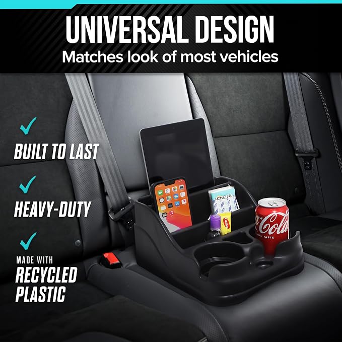 Moblorg Small Center Console for Cars, Trucks, Minivans, SUVs, Vehicle Organizer, Cup Holders, Recycled Plastic, Made in USA (Black)