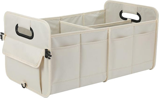 AOKJOY Car Trunk Organizer Car Storage Organizer Collapsible Multi Compartment Car Organizer Adjustable Straps for SUV(Beige)