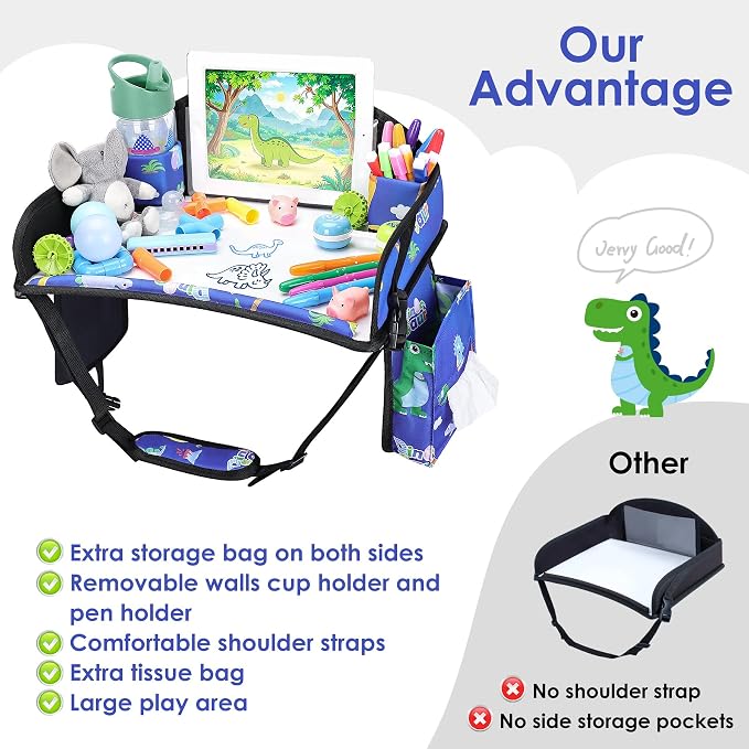 2PCS Kids Travel Tray for Airplane - Toddler Car Seat Table Tray, Road Trip Essentials for Boys & Girls, Carseat Lap Desk for Kids Road Trip Activities (Blue Dinosaur/Purple Mermaid)