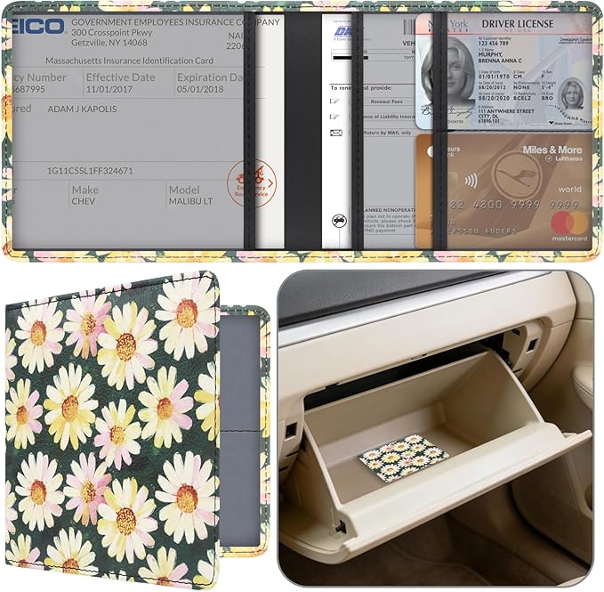 Car Registration and Insurance Holder, Premium Pu Leather Vehicle Glove Box Organizer - for Driver License, Cards & Essential Documents (S-Floral)
