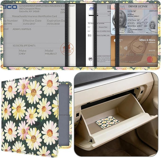 Car Registration and Insurance Holder, Premium Pu Leather Vehicle Glove Box Organizer - for Driver License, Cards & Essential Documents (S-Floral)