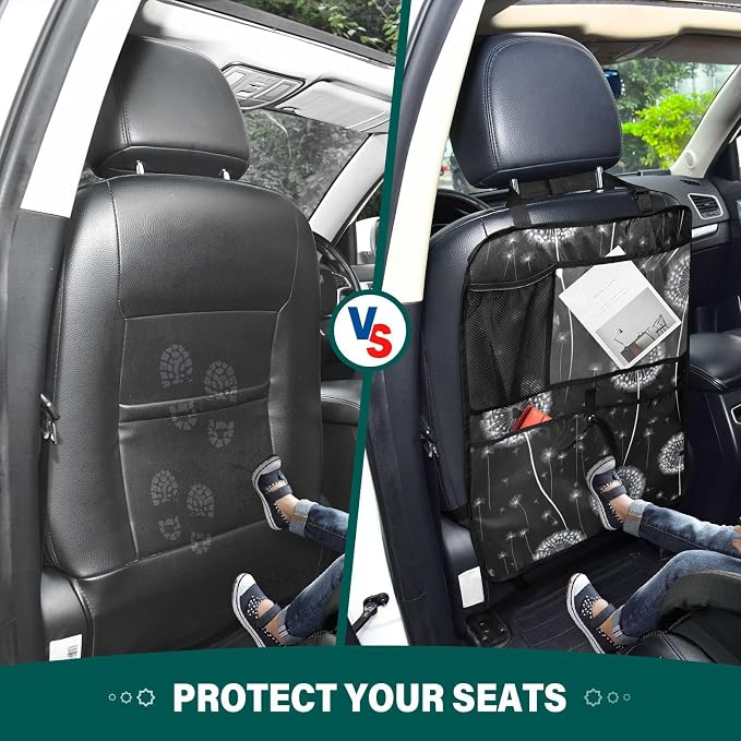 Black Dandelion 2 Pack Backseat Car Organizer with Storage Pockets Seat Back Organizers for Kids Kick Mats Backseat Protector Automotive