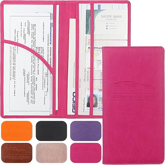 LumiMokki Premium Car Registration & Insurance Card Holder with Magnetic Shut, Vehicle Glove Box Car Organizer - For Documents, Cards, License (Rose red)