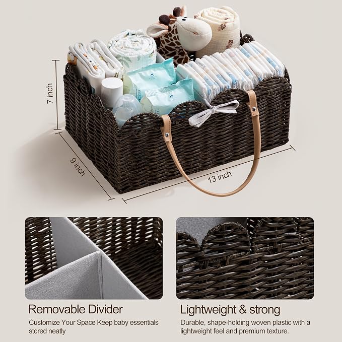HBlife Baby Diaper Caddy Organizer, Portable Scalloped Plastic Wicker Woven Basket with Divider, Nursery Diaper Station, Baby Shower Gifts Basket, Car Organizer, Washable Waterproof