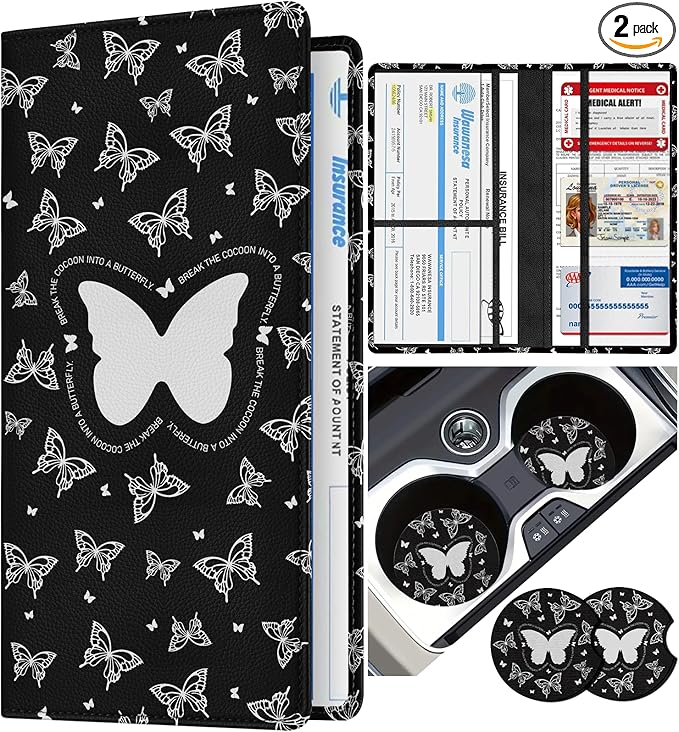 Slohif Car Registration and Insurance Card Holder - Butterfly Vehicle Glove Box Organizer Women with Magnetic Shut Leather Automobile License Holders Coasters Auto Accessories Case for Document