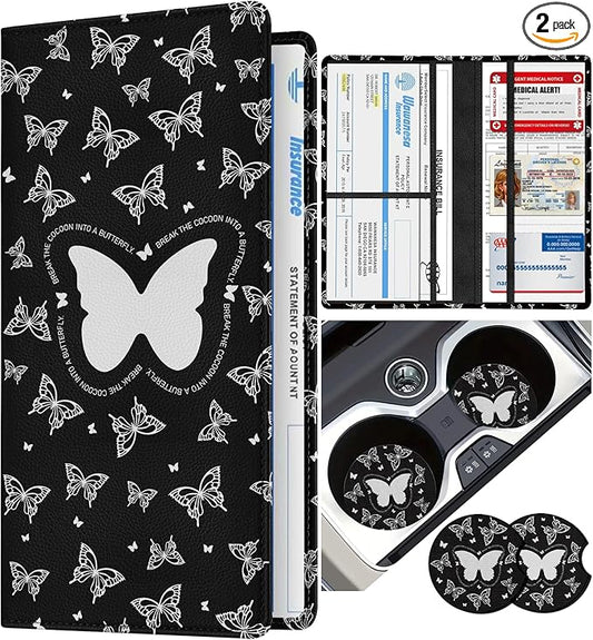 Slohif Car Registration and Insurance Card Holder - Butterfly Vehicle Glove Box Organizer Women with Magnetic Shut Leather Automobile License Holders Coasters Auto Accessories Case for Document