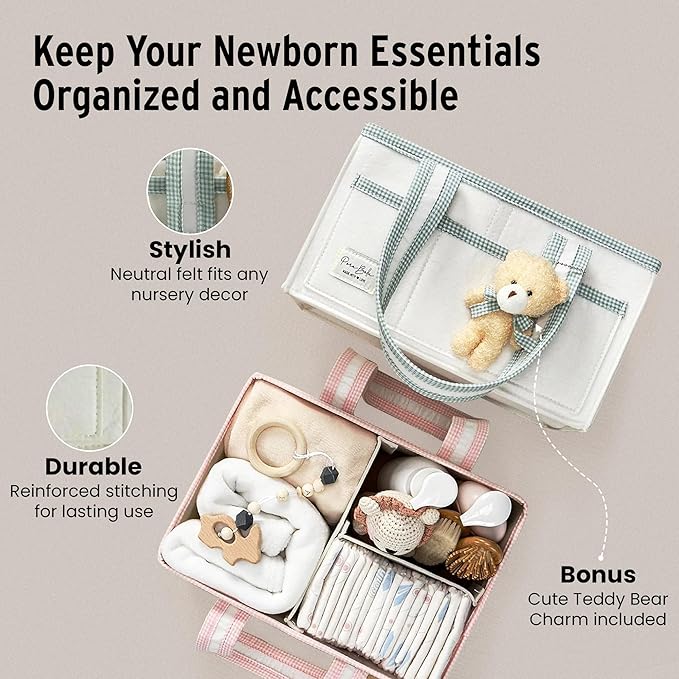 PeraBella Baby Diaper Caddy Organizer, Baby Basket Shower Gift Caddy, Portable Felt Changing Table Basket, Nursery Storage Bin, Newborn Boy and Girl Essentials for Registry, Car Diaper Organizer