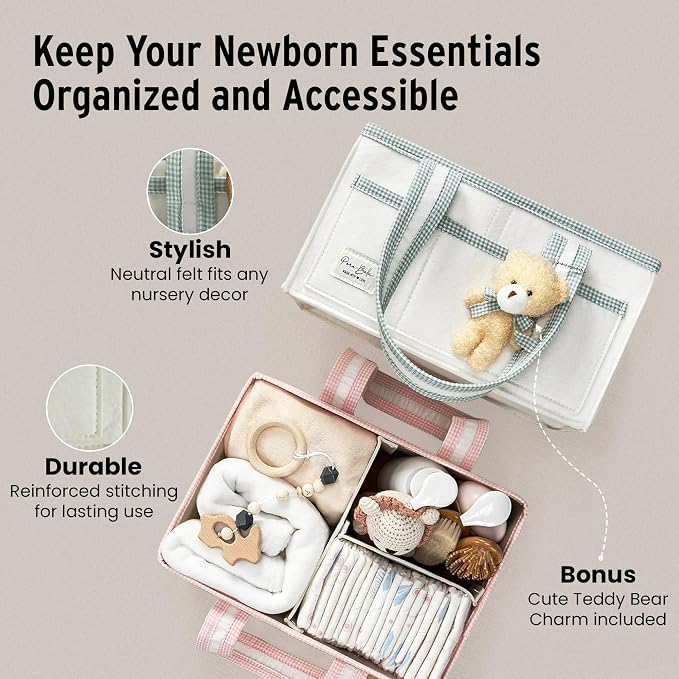 PeraBella XL Diaper Caddy Organizer With Handle, Baby Shower Gifts Basket Bag, Registry Search Must Haves Items, Newborn Girl Boy Nursery Storage Organizer, Baby Bag Essentials, Car Diaper Caddy Cart