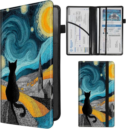 Car Registration and Insurance Holder,PU Leather Car License Document Insurance and Registration Card Holder Men Women Vehicle Glove Box Organizer Auto Accessories-Starry Night Black Cat