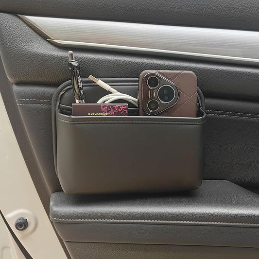 Driver's Car Storage Bag, Small Car Side Pocket Organizer for Car Seats, Doors and Consoles, PU Leather, (Black)