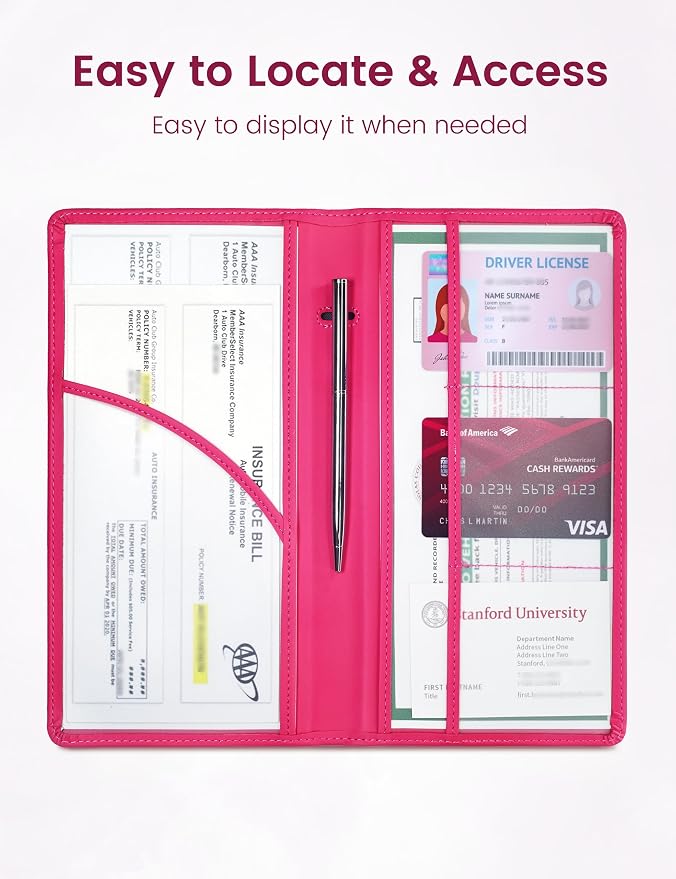 Yarnic Car Registration and Insurance Holder, Car Document Holder with Magnetic Closure, Registration and Insurance Card Holder Car Organizer Glove Box Compartment Organizer for Men Women (Hot Pink)