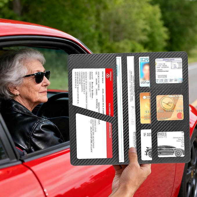 Car Registration and Insurance Holder, Premium Leather Insurance and Registration Holder,vehicle Glove Box Car Organizer, with Magnetic Shut for Cards, Driver License (Carbon Fiber Black-L)