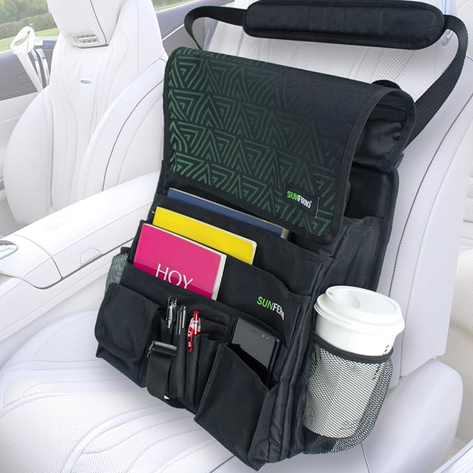 Sunferno Car Front Seat Organizer - Truck Cab Organizer & Car Seat Storage Organizers - Hanging Car Organizer Multiple Pockets Storing Documents Laptop - Car Office Organizer - Front Seat SUV, Truck