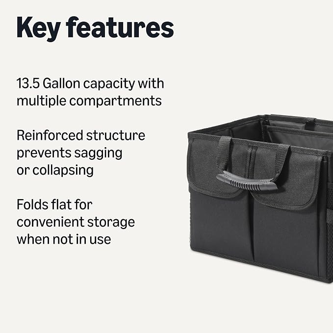 Amazon Basics Trunk Organizer for Car, Multi-Compartment Car Storage, Foldable, 13.5 Gallon, Black