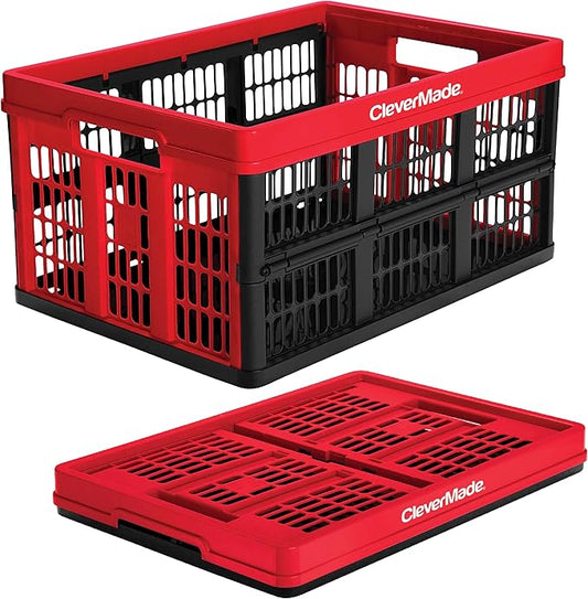 CleverMade Collapsible Utility Crates - Red 1pck 45L / 11 Gal holds 66 lbs - Stackable Containers Heavy Duty Capacity Crates Space-Saving Baskets